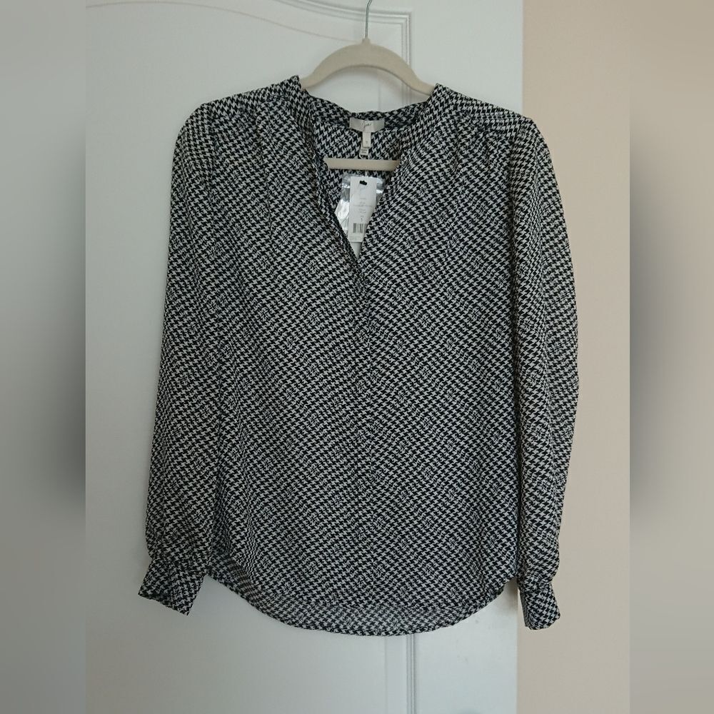 Joie Black & White Houndstooth Split Neck Button Down Shirt Casual Size S